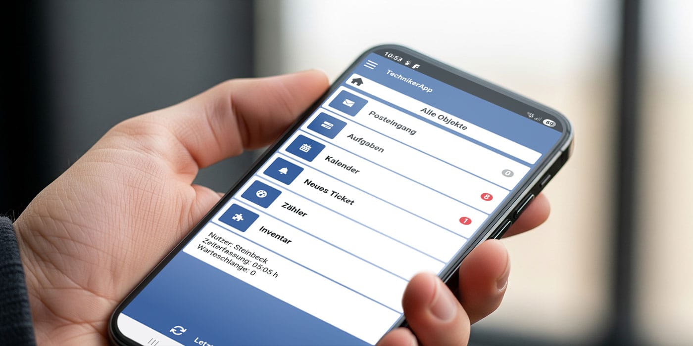 Hand hält Smartphone mit Techniker-App